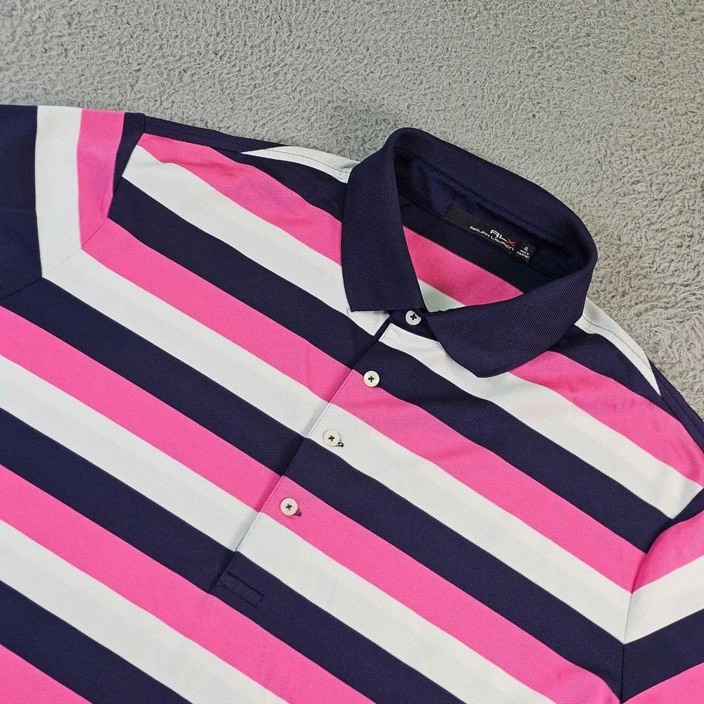 RLX Ralph Lauren Polo Shirt Mens XL Pink Navy White Striped Golf Stretch